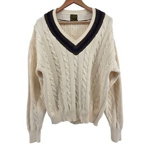 Evergreen Mens Cable Knit V Neck Sweater Cream Golf Country Club Size XXL